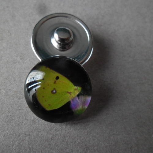 X 1 bouton pression rond motif papillon vert fluo fond foncé pour bracelet diy 18 mm 