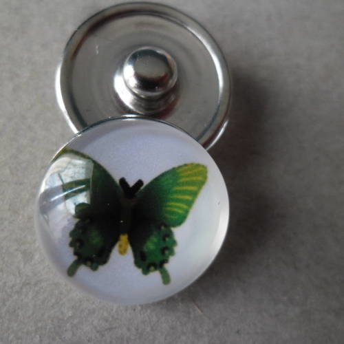 X 1 bouton pression rond motif papillon couleur vert fond blanc pour bracelet diy 18 mm 