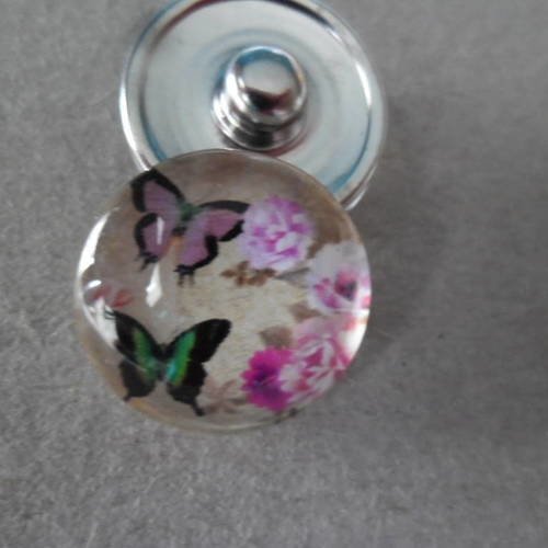 X 1 bouton pression rond motif papillons multicolore fond fleurs pour bracelet diy 18 mm 