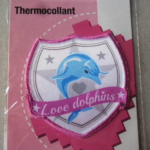 X 1 applique thermocollante forme écusson "love dolphins" dauphin 5,5 x 5,3 cm 