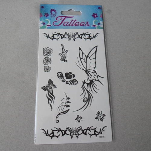 X 1 plaque de tatouages sur le thème des papillons,fleurs en noir et blanc 