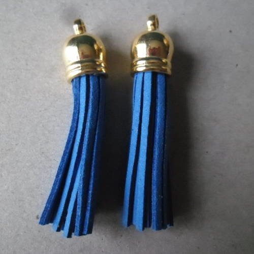 X 2 pendentifs breloque pompon suédine bleu gland doré plastique 6 x 1,2 cm 