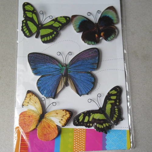 X 5 stickers autocollants en 3d représentant des grands papillons multicolore pailleté 