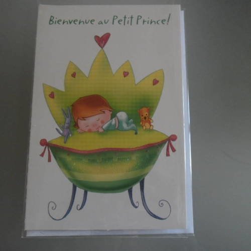 X 1 carte double"bienvenue au petit prince"ton vert sur fond blanc + enveloppe 17,5 x 11,5 cm 
