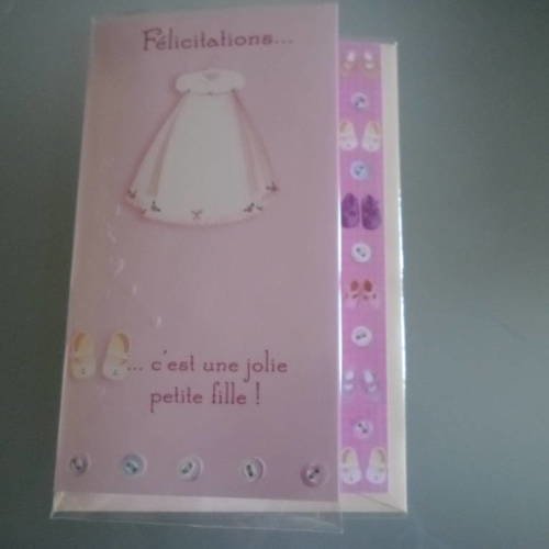 X 1 carte double félicitations "girl" fond rose avec bordure décorée  + enveloppe17,5 x 11,5 cm 