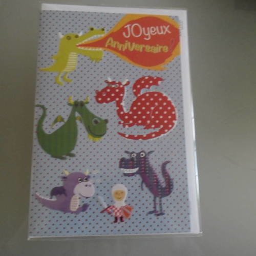 X 1 carte double d'anniversaire représentant des dragons,viking multicolore + 1 enveloppe 17,5 x 11,5 cm 