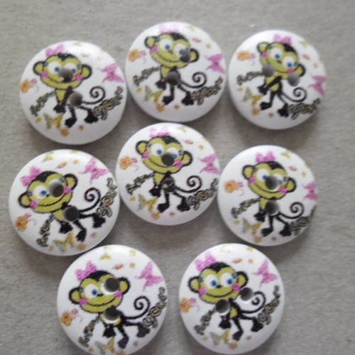 X 10 boutons en bois fond blanc avec des singes,papillons multicolore 2 trous 15 mm 