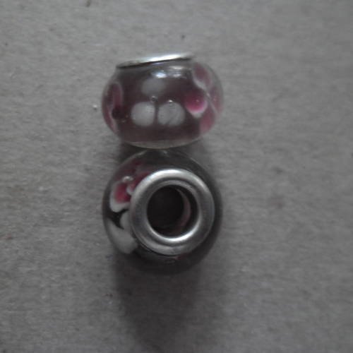 X 2 perles céramique à motif fleur rose,blanc argenté 15 x 10 mm 