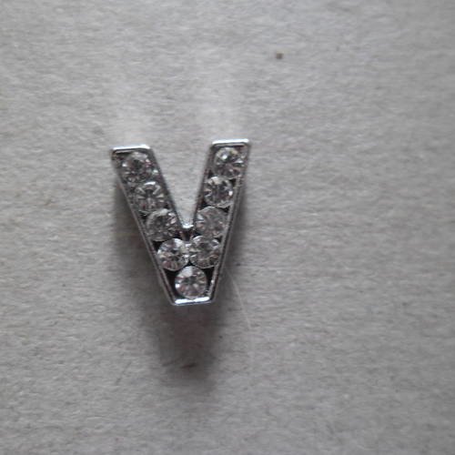 X 1 perle lettre v à strass blanc pour bracelet personnalisé argenté 12 x 10 mm 