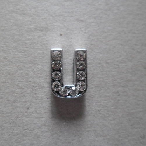X 1 perle lettre u à strass blanc pour bracelet personnalisé argenté 12 x 9 mm 