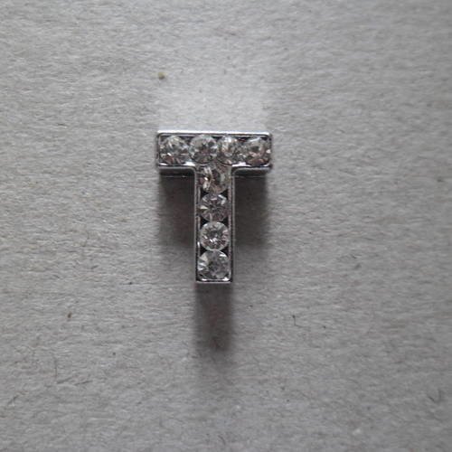 X 1 perle lettre t à strass blanc pour bracelet personnalisé argenté 12 x 9 mm 