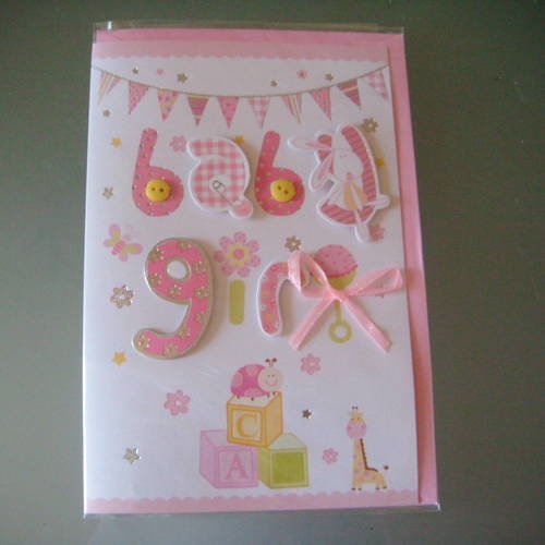 X 1 carte double en 3d baby girl et son enveloppe rose 17,5 x 11,5 cm 