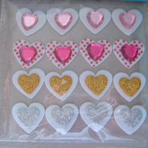 X 16 stickers autocollants en forme de cœur mousse blanc avec strass 25 mm 