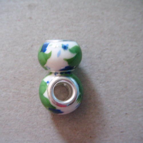 X 2 perles céramique motif fleur vert,bleu pour bracelet charms 13 x 10 mm 