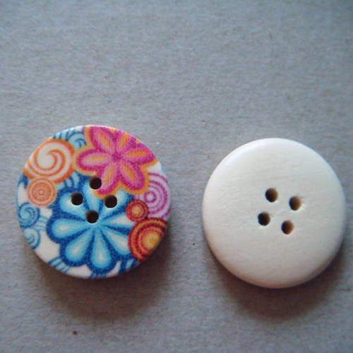 X 5 boutons en bois rond motif fleur multicolore 4 trous 25 mm 