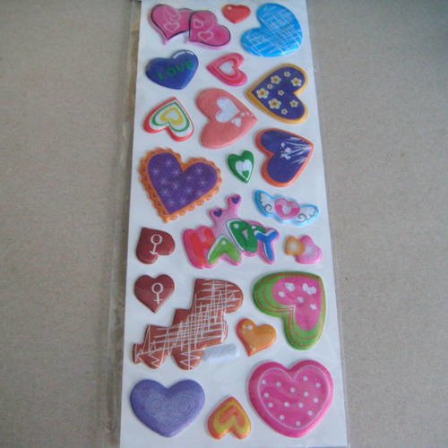 X 22 stickers autocollants représentant des cœurs multicolore plastifier bombés 