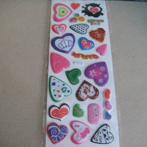 X 24 stickers autocollants cœurs multicolore différents modèles bombés 