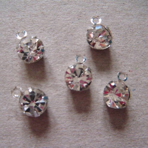 X 10 pendentifs breloque charm rond à strass blanc argenté 8 x 6 mm 