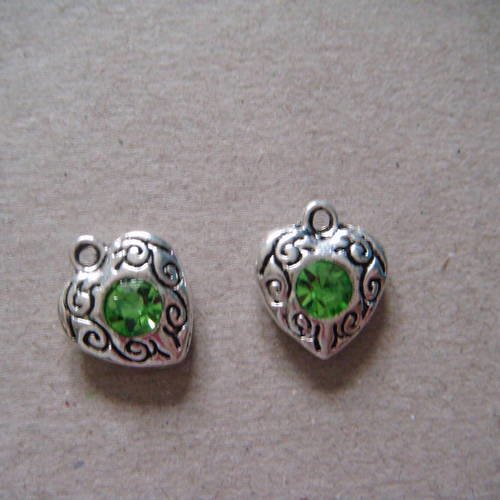 X 2 pendentifs breloques charms cœur strass vert argenté 12 x 10 mm 