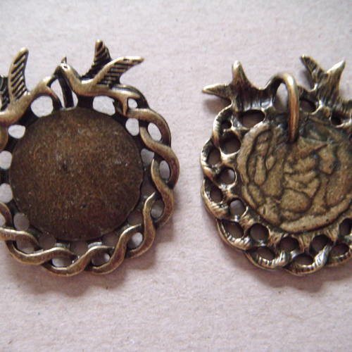 X 2 pendentifs breloque rond oiseaux bronze 2,7 x 3 cm 