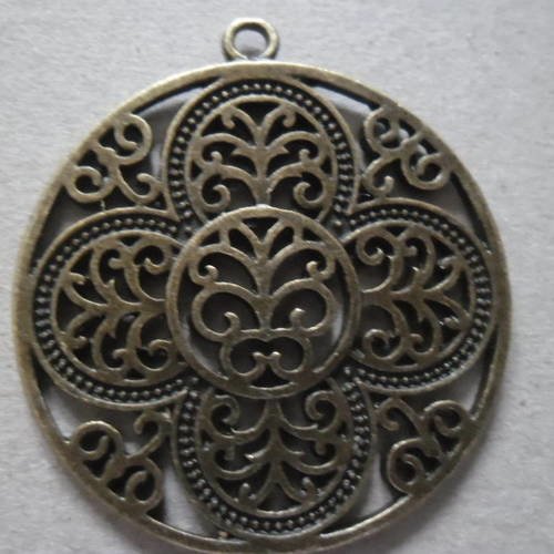 X 1 grand pendentif breloque rond fleur filigrane bronze 4,2 x 3,8 cm 