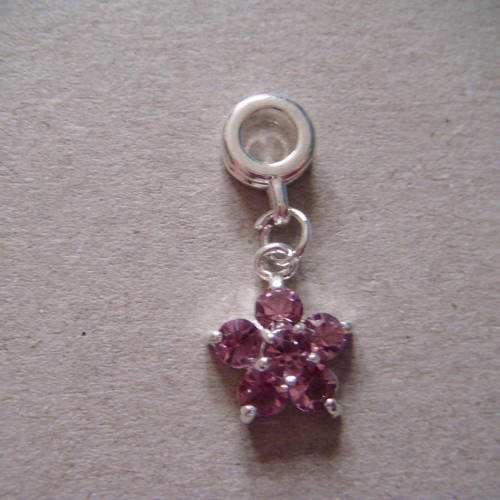 X 1 pendant en forme de fleur à strass mauve monté sur bélière argenté 27 x 12 mm 