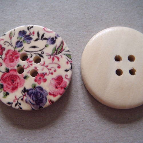 X 5 magnifiques boutons en bois peint fond beige motif fleur rose 4 trous 30 mm