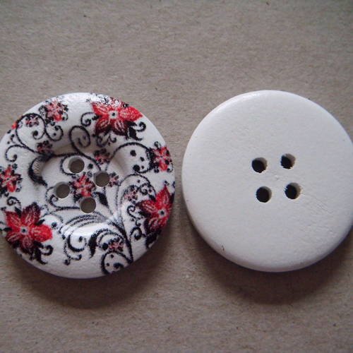 X 1 magnifique bouton rond en bois peint fond blanc motif fleur rouge,noir 4 trous 30 mm 