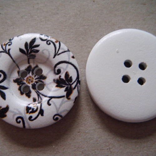 X 5 magniques boutons rond en bois peint  blanc motif fleur noir 4 trous 30 mm 