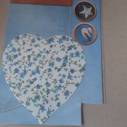 X 1 applique thermocollant en forme de cœur fleurs liberty bleu à fond blanc coton 10,5  x 9,5 cm 