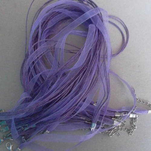 X 5 colliers ruban organza et fil coton ciré violet clair 43 cm 