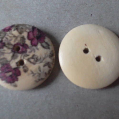 X 5 boutons en bois peint à motifs fleurs violet à 2 trous 23 mm 
