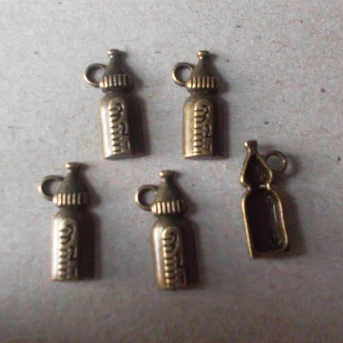 X 5 pendentifs petits biberons bébé bronze 17 x 8 mm 