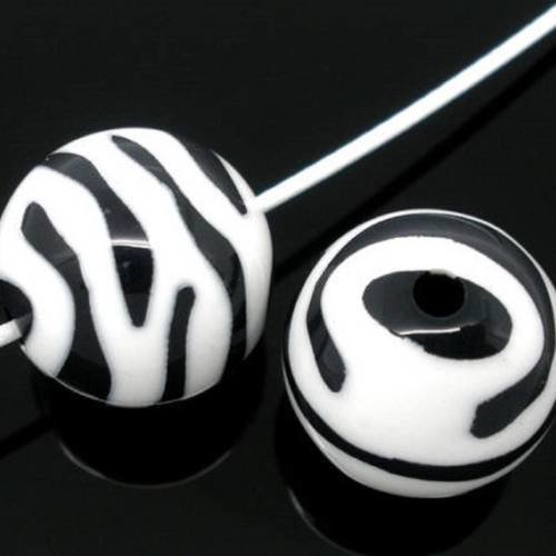 X 5 perles intercalaire zébrée noire et blanche ronde acrylique 12 mm 