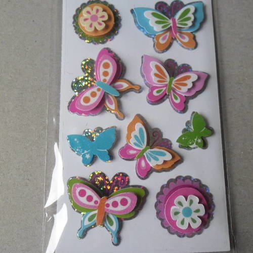 X 9 mixte stickers autocollants 3d 7 papillons et 2 fleurs multicolore papier 