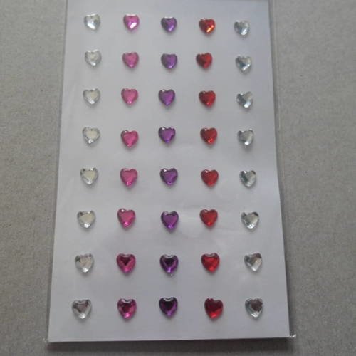 X 40 mixte strass en forme de cœur blanc,rouge,violet et rose 7 x 7 mm 