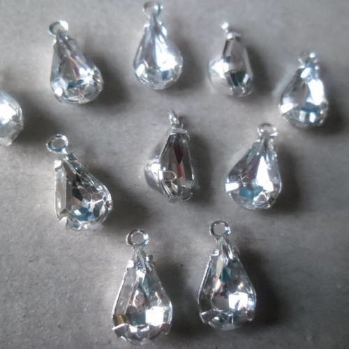 X 10 pendentifs charms goutte d'eau strass blanc métal argenté 13 x 6 mm 