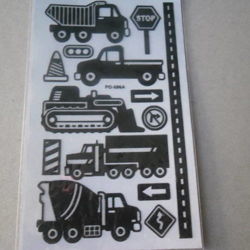 X 1 plaque de stickers auto-adhésifs brillants en gel 3d véhicules de travaux noir 