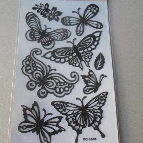 X 1 plaque de stickers gel en 3d auto-adhésifs brillants en forme de papillons ,feuilles noir 