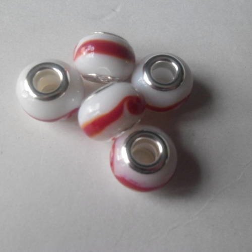 X 5 perles lampwork blanc rond en verre dessin rouge 14 x 14 x 10 mm 