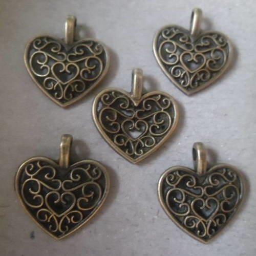 X 4 pendentifs/breloque cœur motif filigrane bronze 18 x 15 mm 