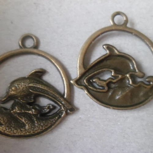 X 2 pendentifs/breloque rond motif dauphin couleur bronze 30 x 32 mm 