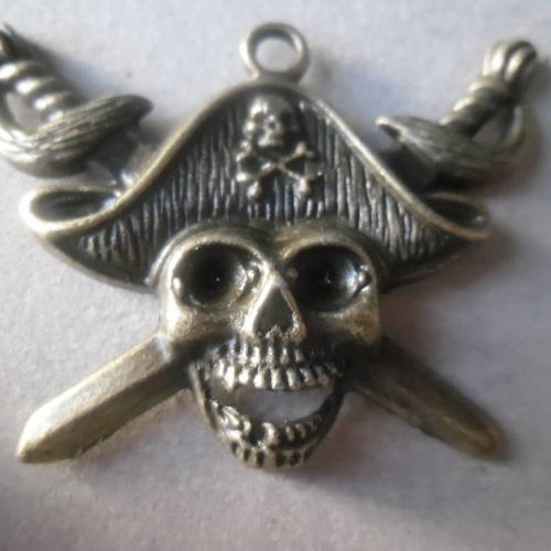 X 1 pendentif/breloque tête de mort pirate bronze 44 x 34 mm 
