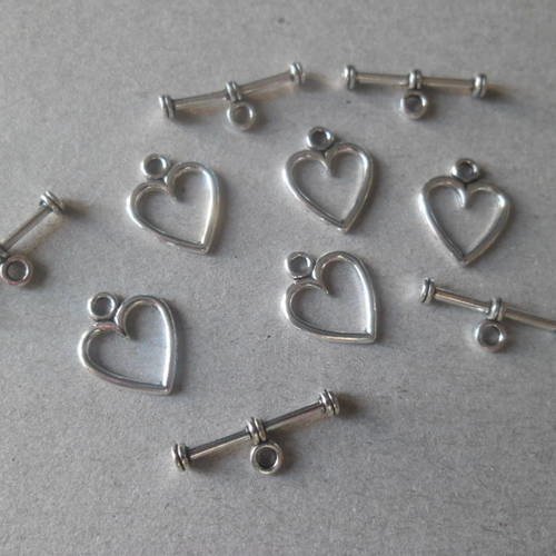 X 10 toggles en forme de cœurs argent vieilli tibétain 15 x 12 - 18 x 6 mm