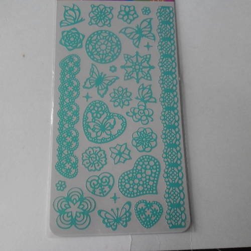 Plaque de stickers dentelle autocollants papillons,fleurs,cœurs de couleur vert