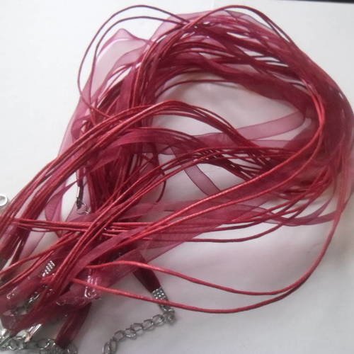 X 5 colliers ruban organza rouge foncé et fil coton ciré 43 cm