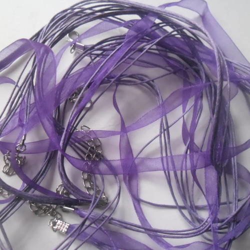 X 5 colliers ruban organza violet foncé avec fil coton ciré fermoir mousqueton 43 cm