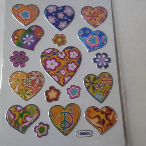 17 stickers autocollants représentant des cœurs et des fleurs contour argenté