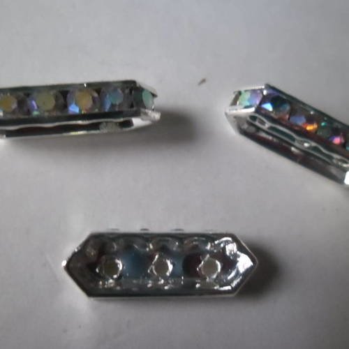 X 5 séparateurs intercalaires strass couleur ab 3 trous argenté 18 x 6,5 mm 