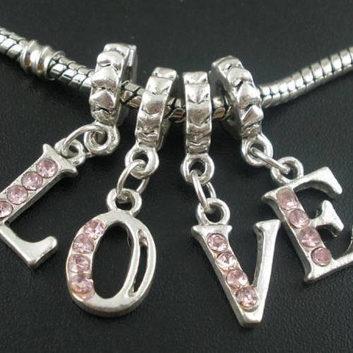 4 pendentifs charms alphabet "love" strass rose avec bélière 18 x 9 mm 